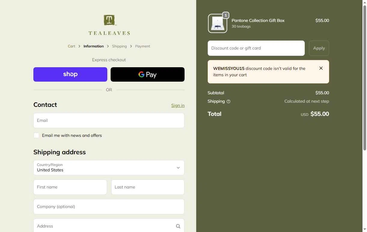 Tea Leaves checkout page showing Tea Leaves promo code box | Screenshot taken by SimplyCodes community member on Feb 2, 2026