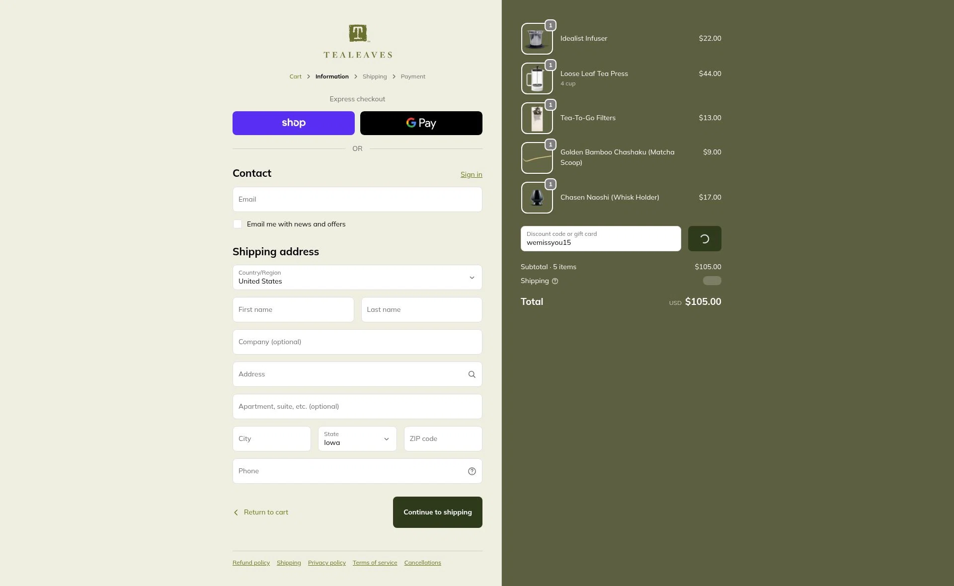 Tea Leaves checkout page showing Tea Leaves promo code box | Screenshot taken by SimplyCodes community member on Jan 24, 2026