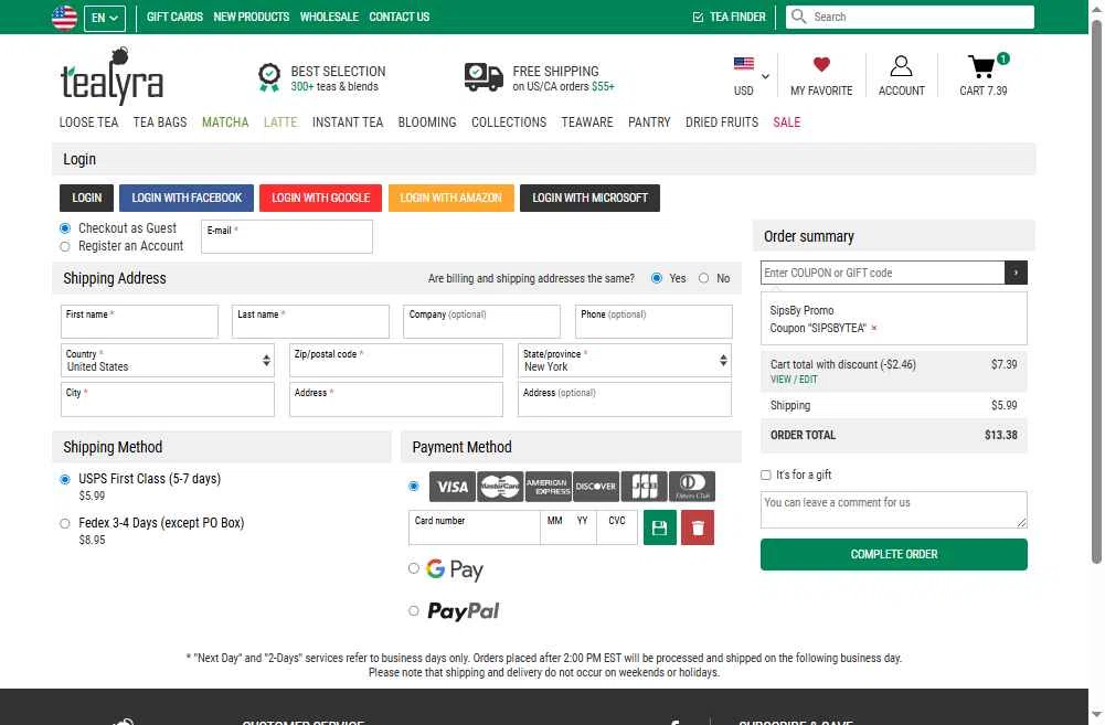 TeaLyra checkout page showing TeaLyra coupon code box | Screenshot taken by SimplyCodes community member on Jan 28, 2026