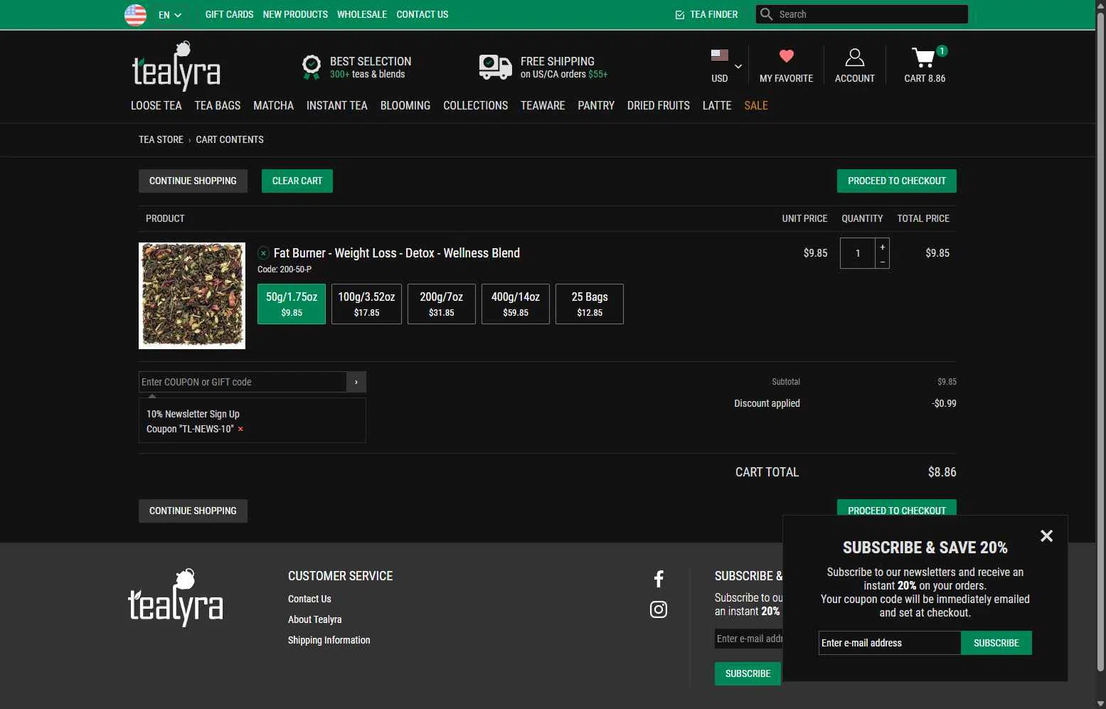 TeaLyra checkout page showing TeaLyra coupon code box | Screenshot taken by SimplyCodes community member on Jan 15, 2026