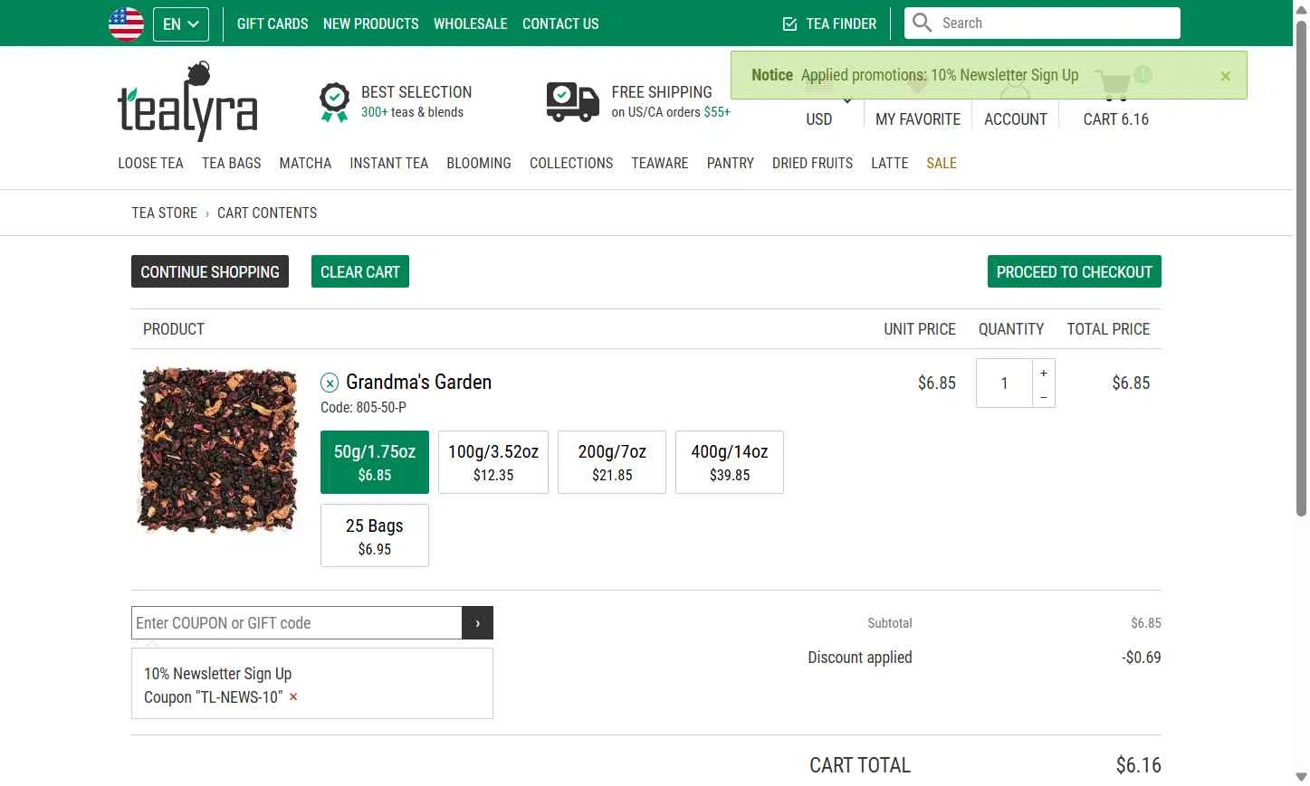 TeaLyra checkout page showing TeaLyra coupon code box | Screenshot taken by SimplyCodes community member on Jan 15, 2026