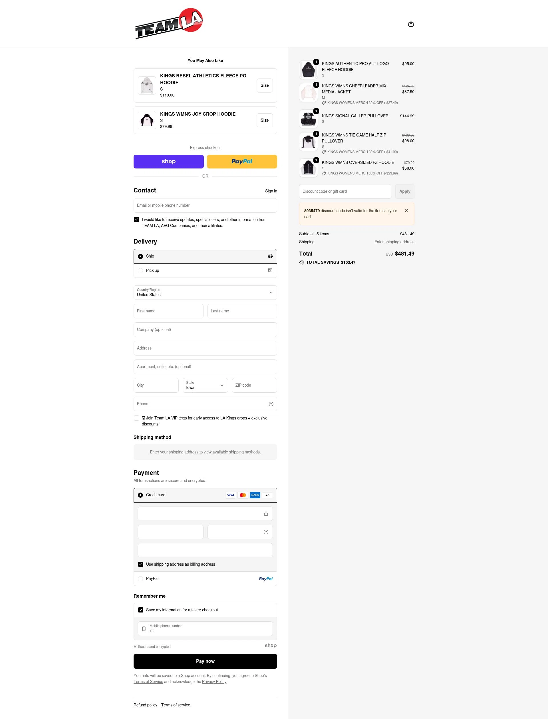 Team La checkout page showing Team La promo code box | Screenshot taken by SimplyCodes community member on Dec 20, 2025