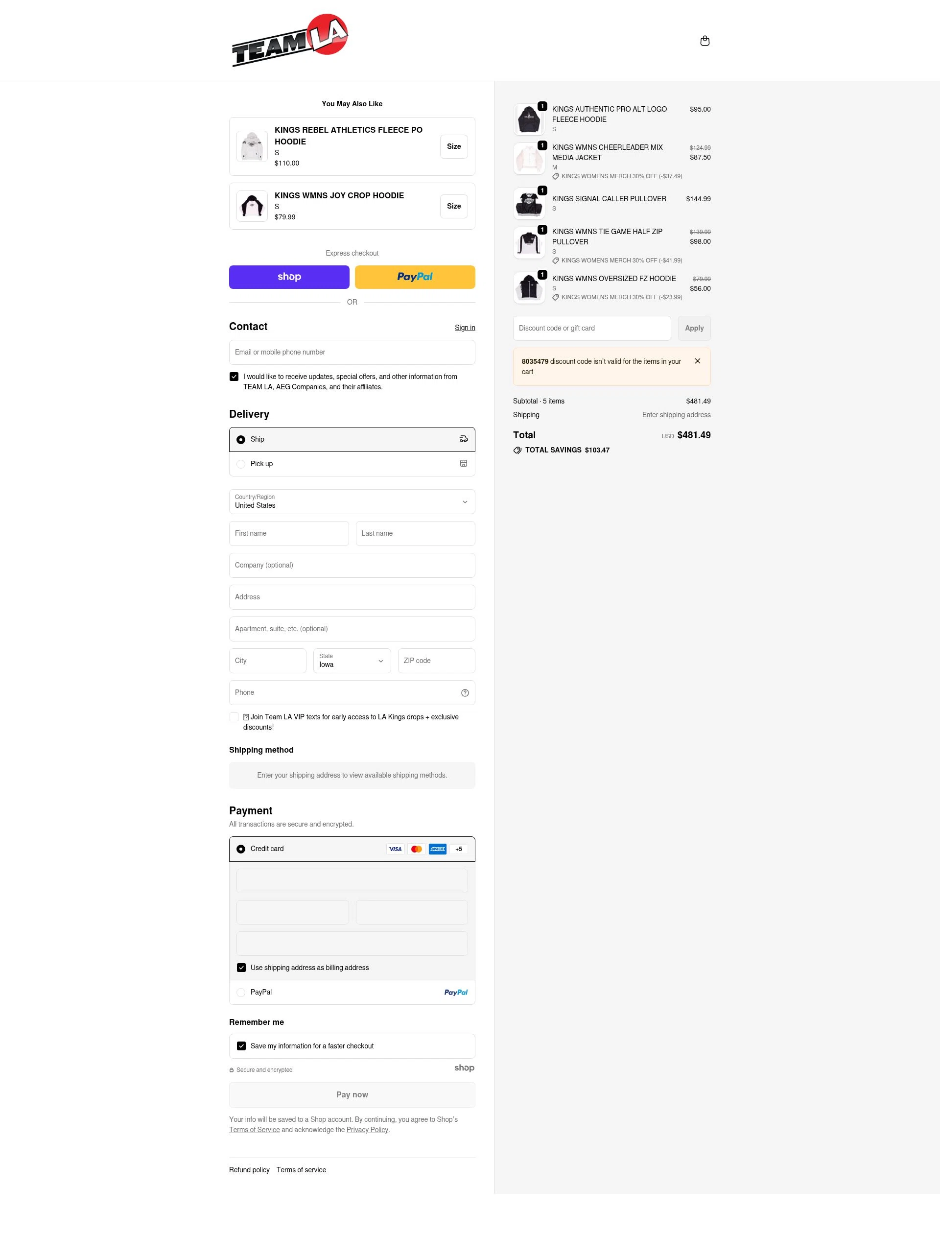 Team La checkout page showing Team La promo code box | Screenshot taken by SimplyCodes community member on Dec 25, 2025