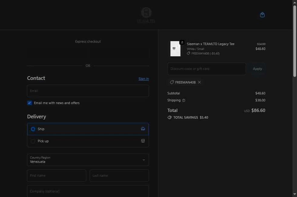 TEAMLTD checkout page showing TEAMLTD promo code box | Screenshot taken by SimplyCodes community member on Feb 18, 2026