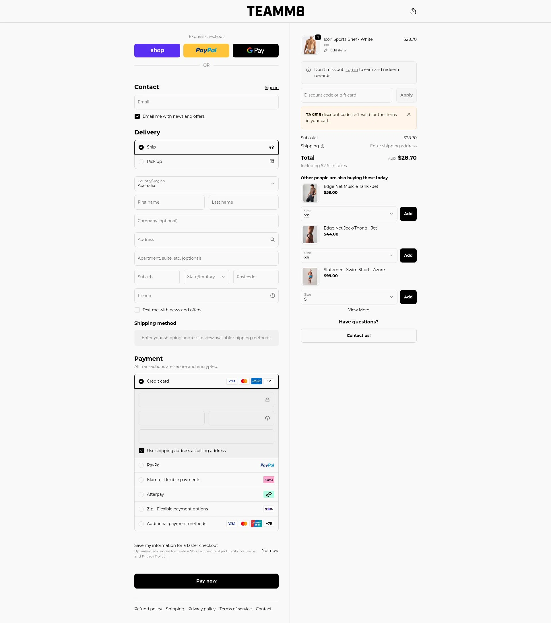 Teamm8 checkout page showing Teamm8 discount code box | Screenshot taken by SimplyCodes community member on Feb 18, 2026