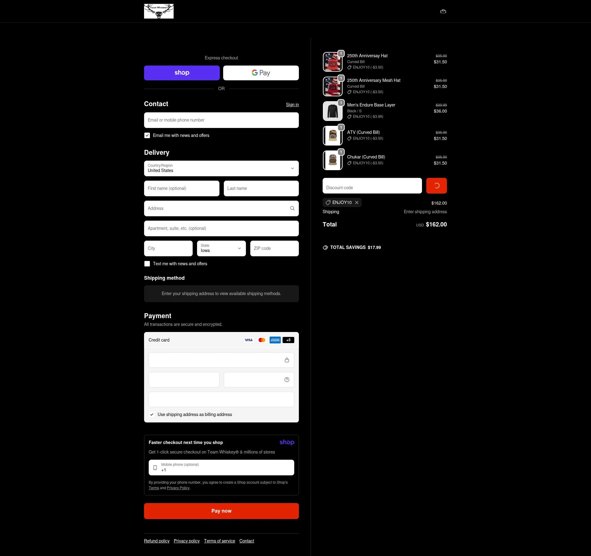 Team Whiskey checkout page showing Team Whiskey promo code box | Screenshot taken by SimplyCodes community member on Jan 10, 2026