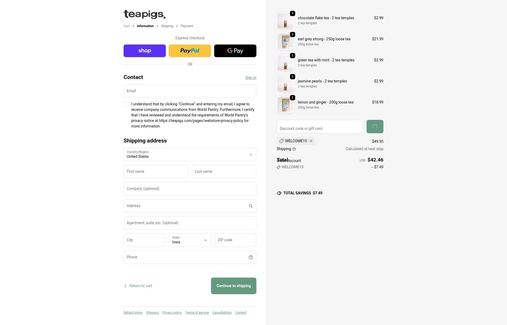 Teapigs checkout page showing Teapigs promo code box | Screenshot taken by SimplyCodes community member on Jan 31, 2026