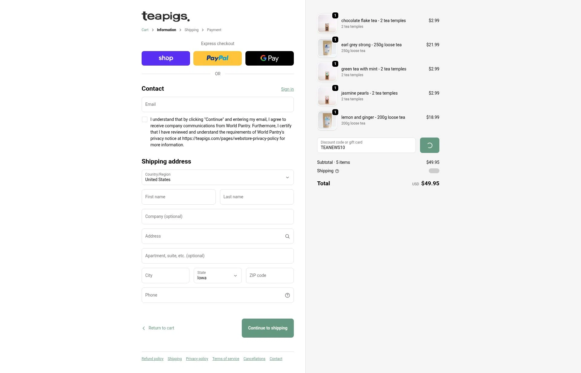 Teapigs checkout page showing Teapigs promo code box | Screenshot taken by SimplyCodes community member on Feb 4, 2026