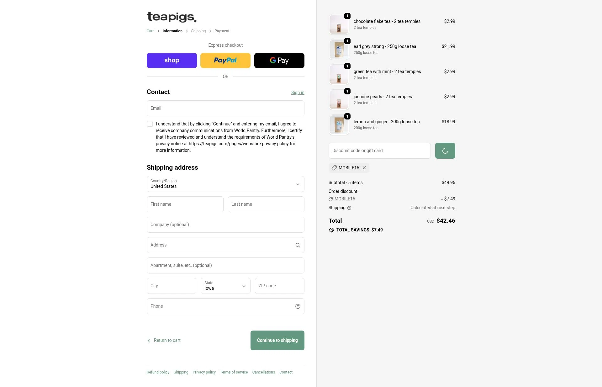 Teapigs checkout page showing Teapigs promo code box | Screenshot taken by SimplyCodes community member on Jan 31, 2026