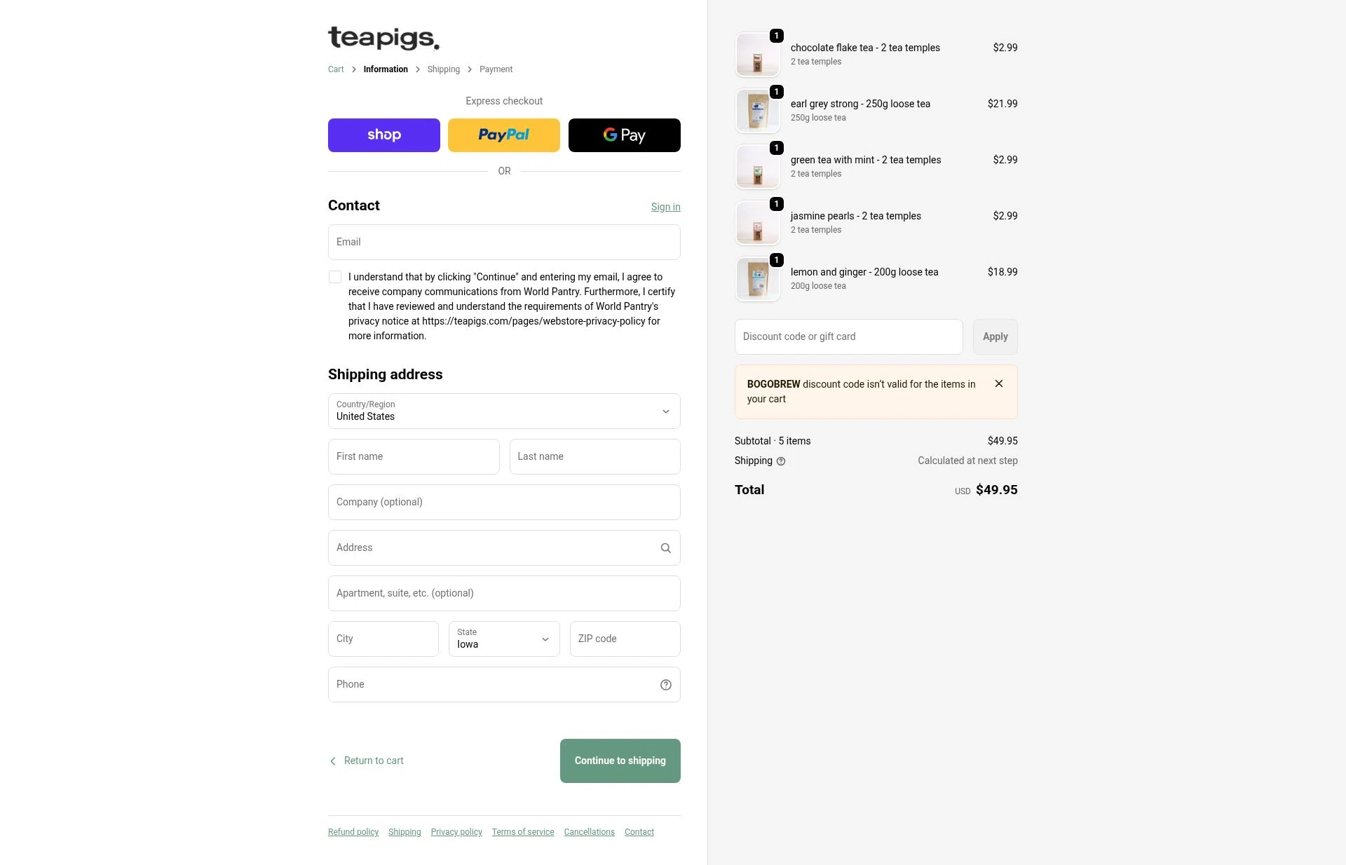 Teapigs checkout page showing Teapigs promo code box | Screenshot taken by SimplyCodes community member on Feb 4, 2026