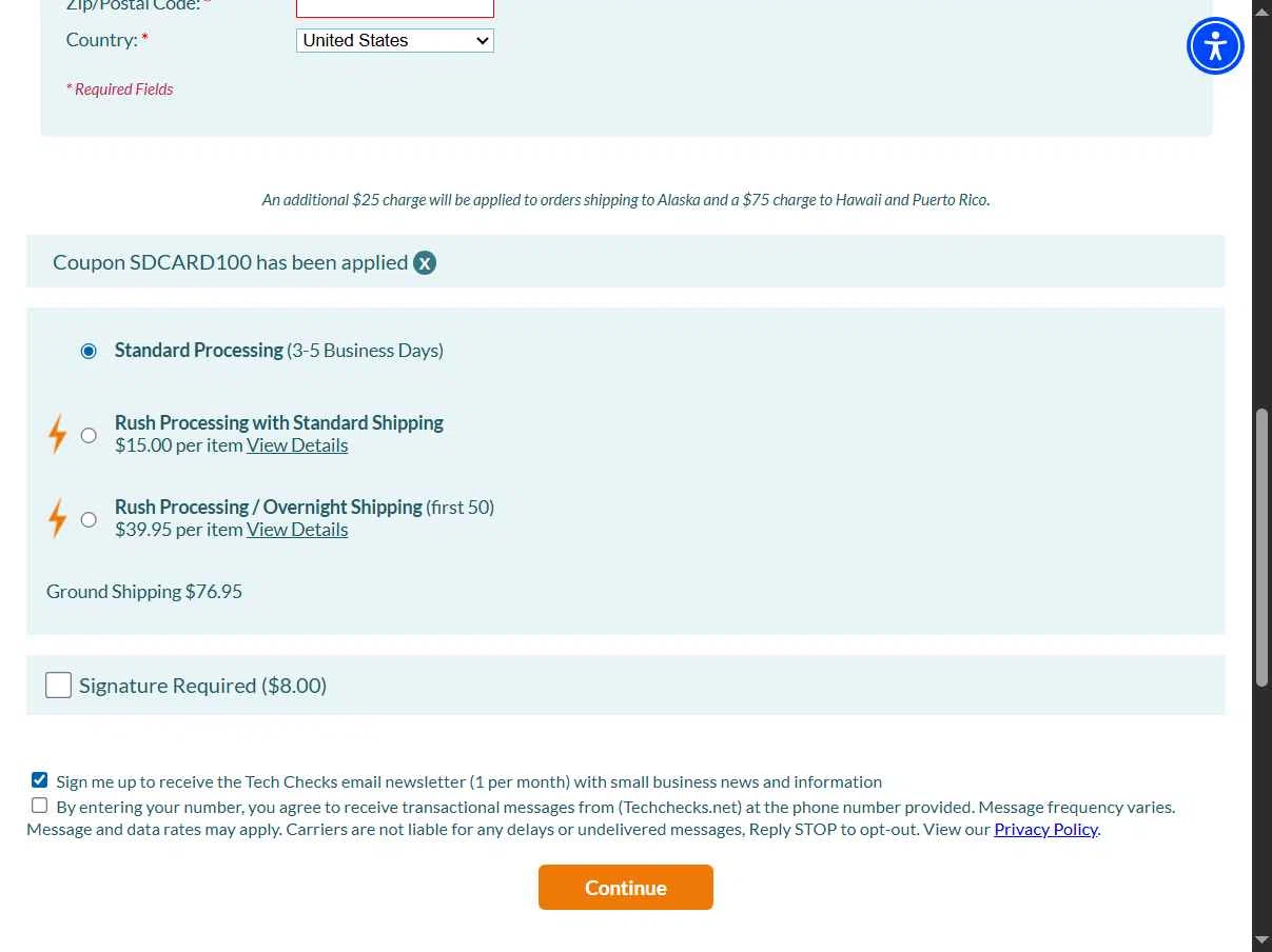 Tech Checks checkout page showing Tech Checks coupon code box | Screenshot taken by SimplyCodes community member on Nov 10, 2025