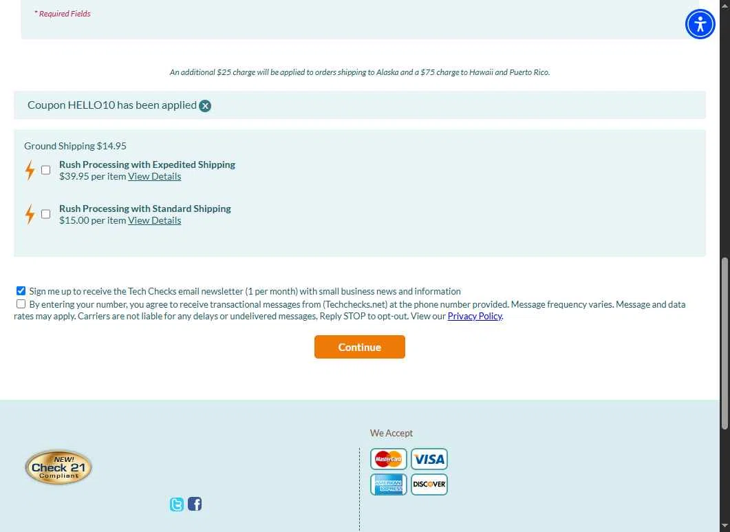 Tech Checks checkout page showing Tech Checks coupon code box | Screenshot taken by SimplyCodes community member on Oct 10, 2025