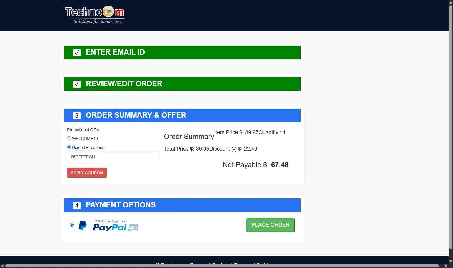Technocom checkout page showing Technocom promo code box | Screenshot taken by SimplyCodes community member on Jun 7, 2025