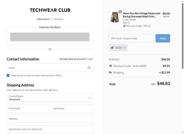 Techwear Club checkout page showing Techwear Club coupon code box | Screenshot taken by SimplyCodes community member on Jul 27, 2025
