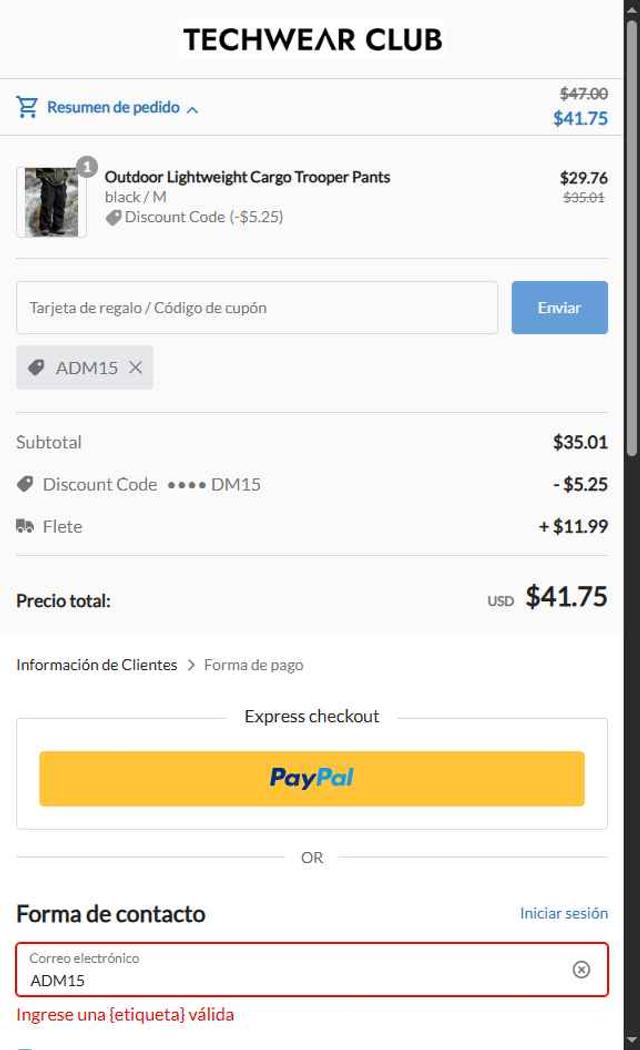 Techwear Club checkout page showing Techwear Club coupon code box | Screenshot taken by SimplyCodes community member on Aug 22, 2025