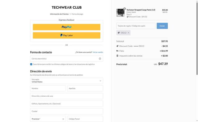Techwear Club checkout page showing Techwear Club coupon code box | Screenshot taken by SimplyCodes community member on Jul 27, 2025
