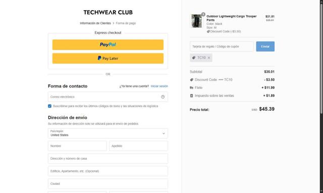 Techwear Club checkout page showing Techwear Club coupon code box | Screenshot taken by SimplyCodes community member on Jul 27, 2025