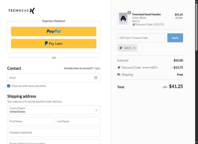 Techwear checkout page showing Techwear discount code box | Screenshot taken by SimplyCodes community member on Sep 7, 2025