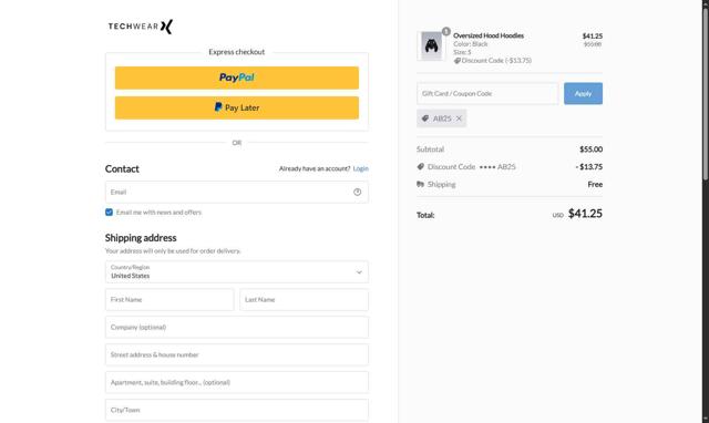 Techwear checkout page showing Techwear discount code box | Screenshot taken by SimplyCodes community member on Aug 21, 2025