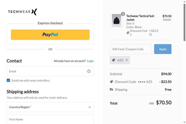 Techwear checkout page showing Techwear discount code box | Screenshot taken by SimplyCodes community member on Aug 18, 2025