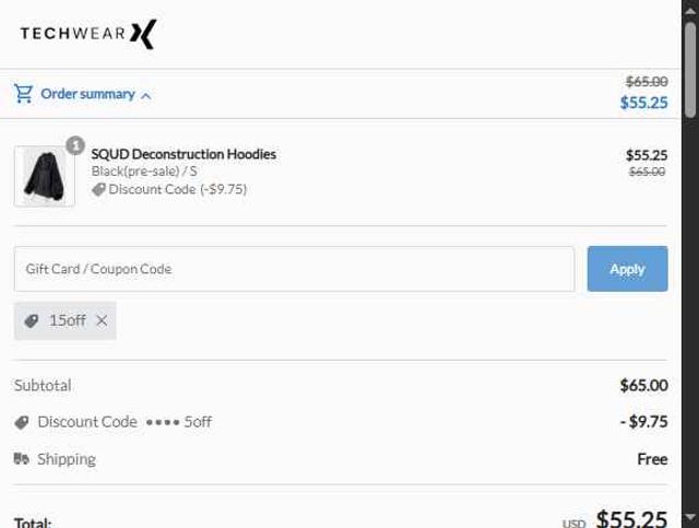 Techwear checkout page showing Techwear discount code box | Screenshot taken by SimplyCodes community member on Aug 18, 2025
