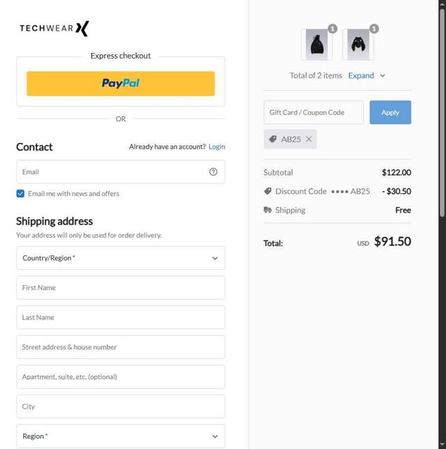 Techwear checkout page showing Techwear discount code box | Screenshot taken by SimplyCodes community member on Aug 21, 2025