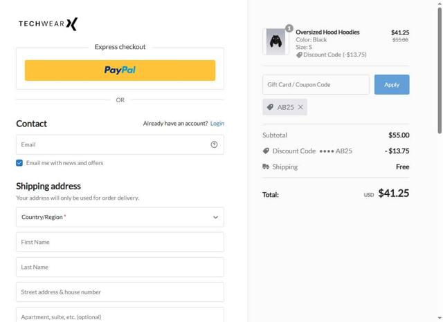 Techwear checkout page showing Techwear discount code box | Screenshot taken by SimplyCodes community member on Aug 29, 2025
