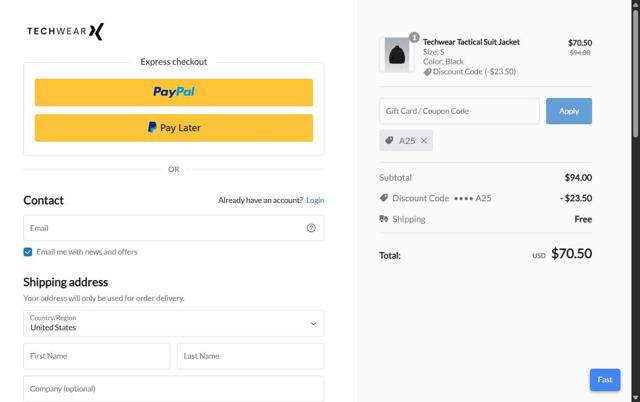 Techwear checkout page showing Techwear discount code box | Screenshot taken by SimplyCodes community member on Sep 7, 2025