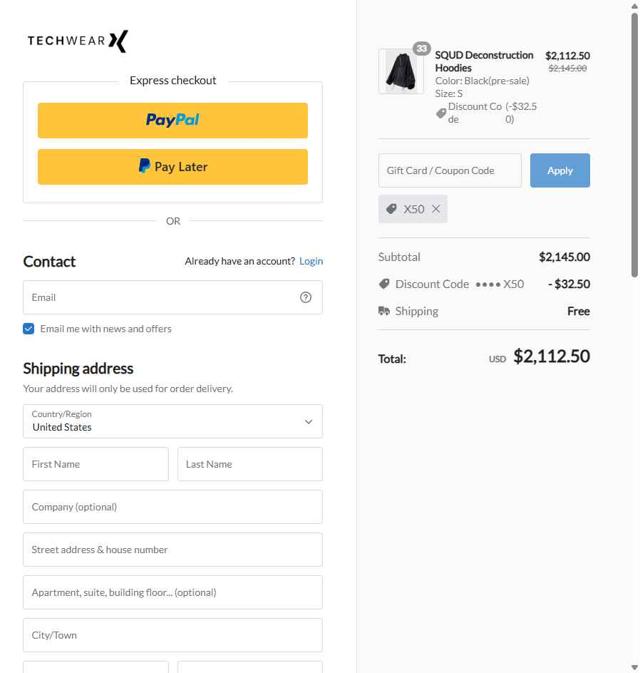 Techwear checkout page showing Techwear discount code box | Screenshot taken by SimplyCodes community member on Aug 24, 2025
