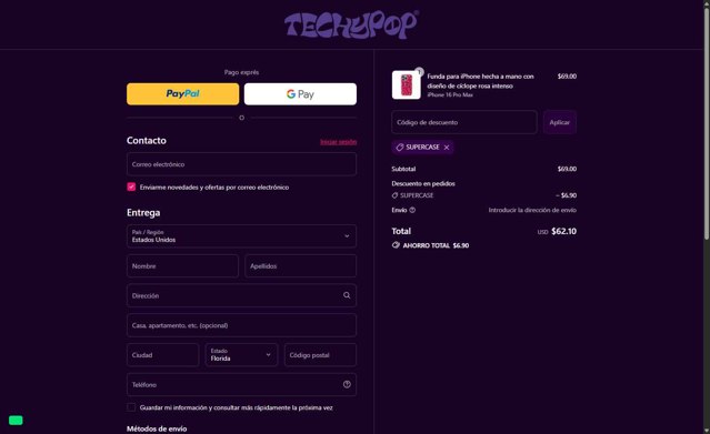 Techypop checkout page showing Techypop discount code box | Screenshot taken by SimplyCodes community member on Sep 4, 2025