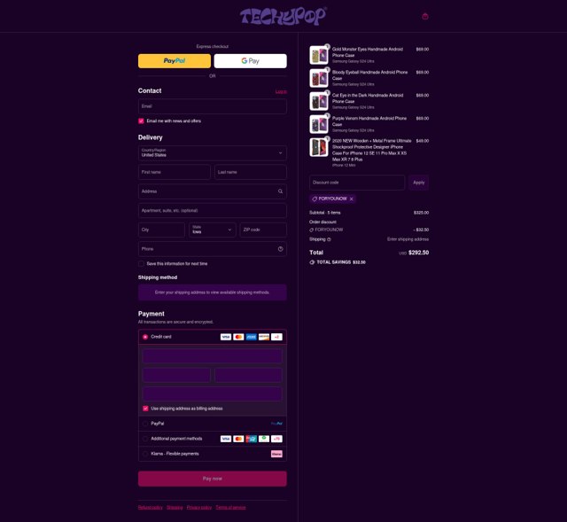 Techypop checkout page showing Techypop discount code box | Screenshot taken by SimplyCodes community member on Sep 2, 2025