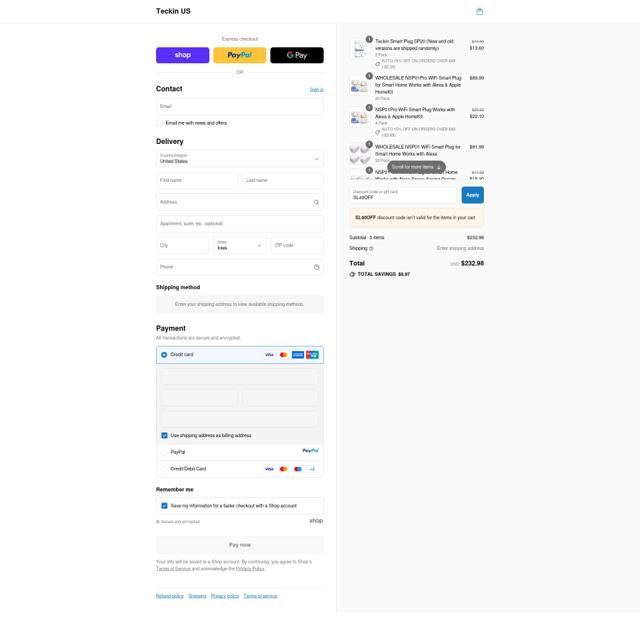Teckin checkout page showing Teckin discount code box | Screenshot taken by SimplyCodes community member on Sep 15, 2025