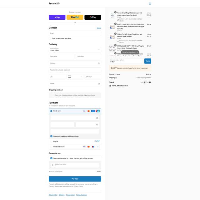 Teckin checkout page showing Teckin discount code box | Screenshot taken by SimplyCodes community member on Sep 15, 2025
