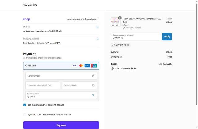 Teckin checkout page showing Teckin discount code box | Screenshot taken by SimplyCodes community member on Sep 11, 2025
