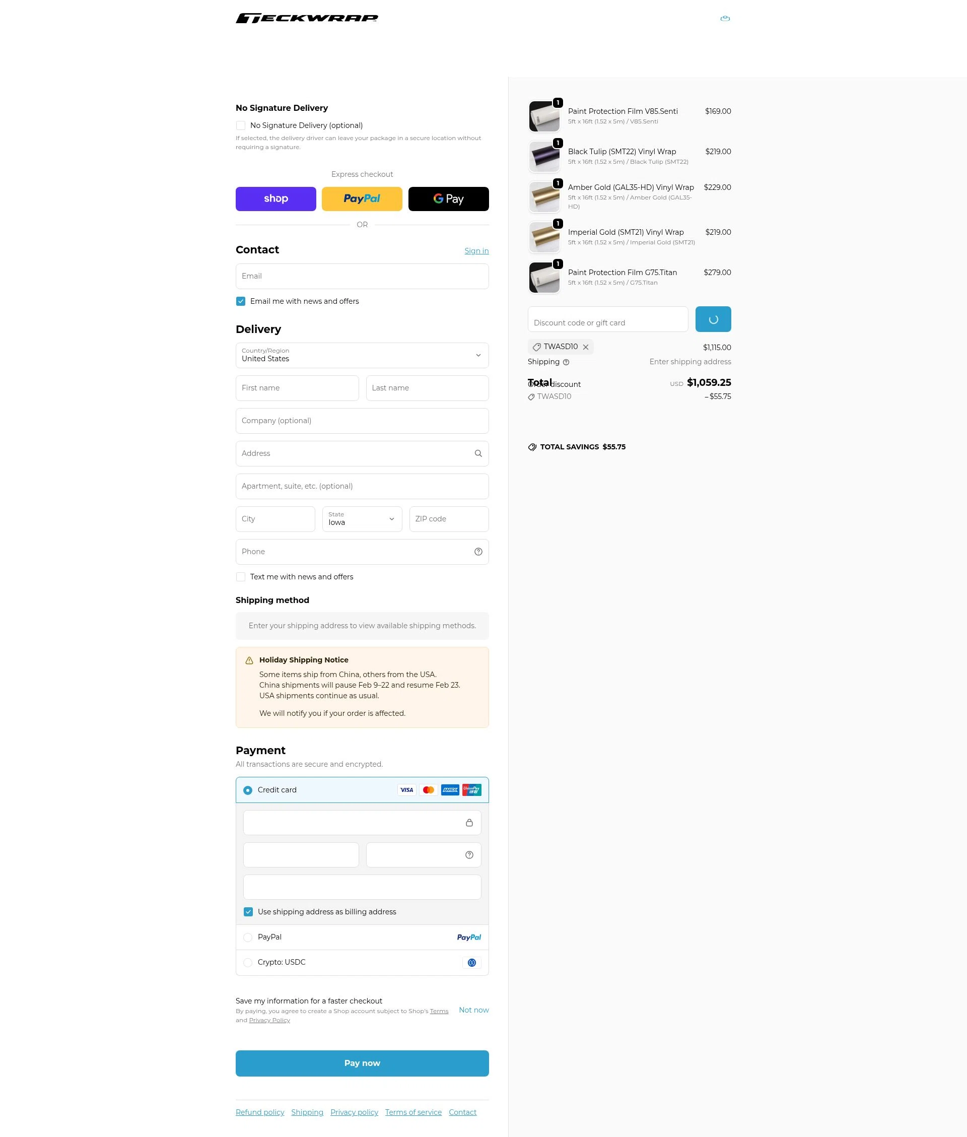 Teckwrap checkout page showing Teckwrap discount code box | Screenshot taken by SimplyCodes community member on Feb 14, 2026