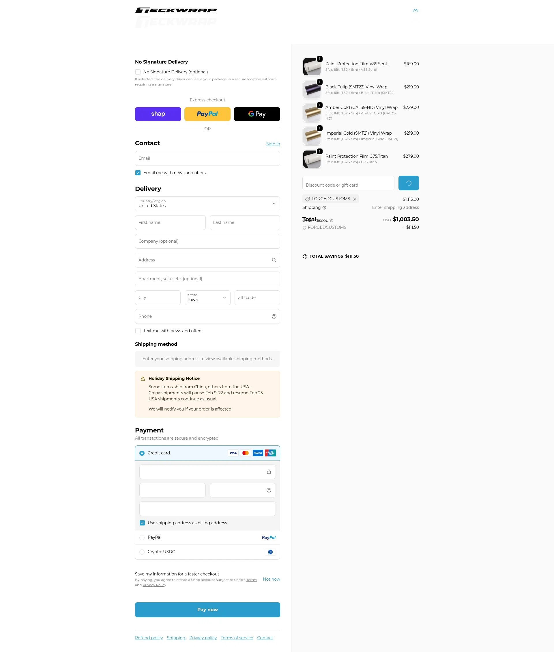 Teckwrap checkout page showing Teckwrap discount code box | Screenshot taken by SimplyCodes community member on Feb 14, 2026