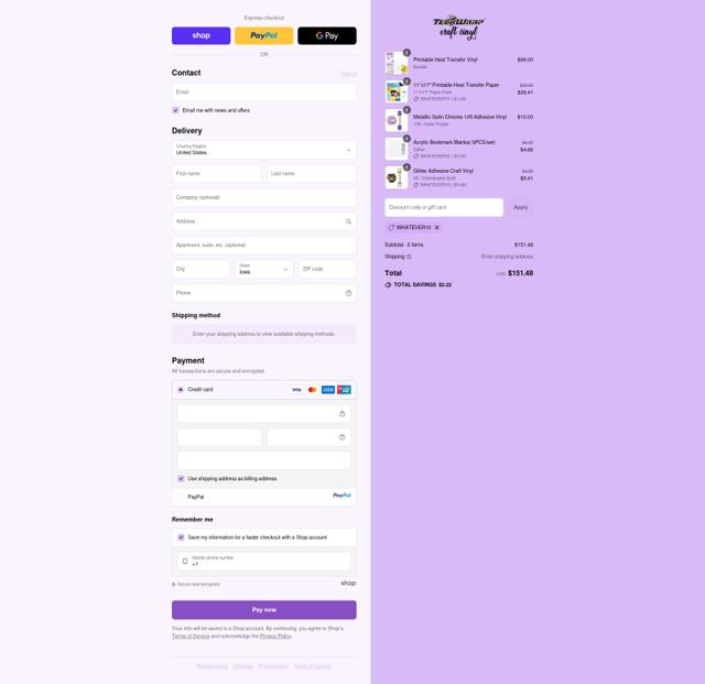 Teckwrap Craft checkout page showing Teckwrap Craft discount code box | Screenshot taken by SimplyCodes community member on Sep 15, 2025