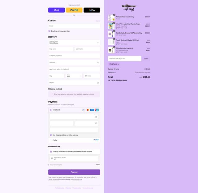 Teckwrap Craft checkout page showing Teckwrap Craft discount code box | Screenshot taken by SimplyCodes community member on Sep 15, 2025