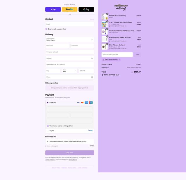 Teckwrap Craft checkout page showing Teckwrap Craft discount code box | Screenshot taken by SimplyCodes community member on Sep 15, 2025