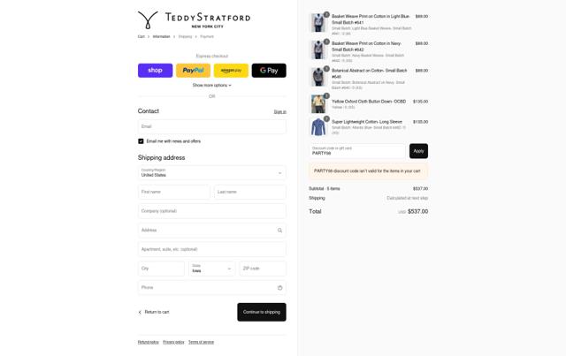 Teddy Stratford checkout page showing Teddy Stratford promo code box | Screenshot taken by SimplyCodes community member on Sep 10, 2025