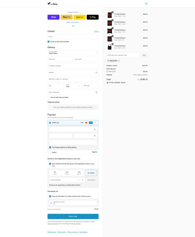 TeeFury checkout page showing TeeFury coupon code box | Screenshot taken by SimplyCodes community member on Sep 12, 2025