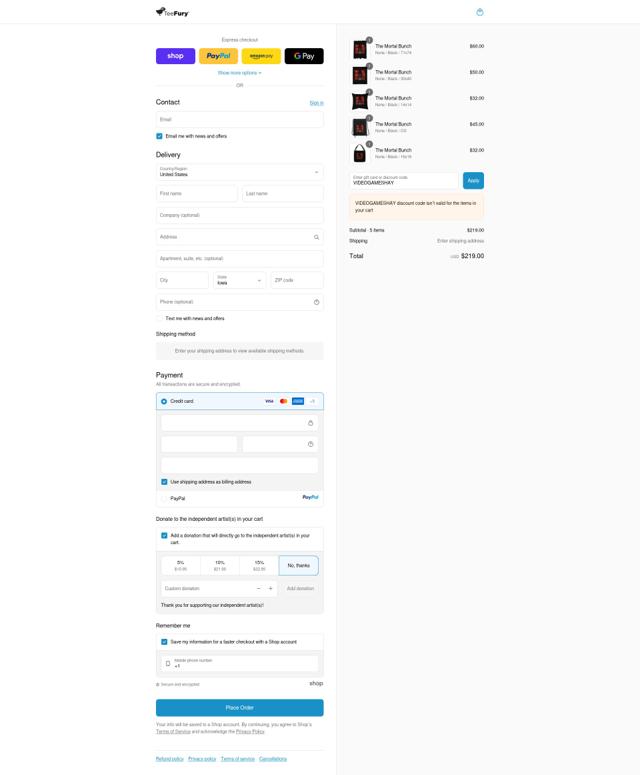 TeeFury checkout page showing TeeFury coupon code box | Screenshot taken by SimplyCodes community member on Sep 12, 2025