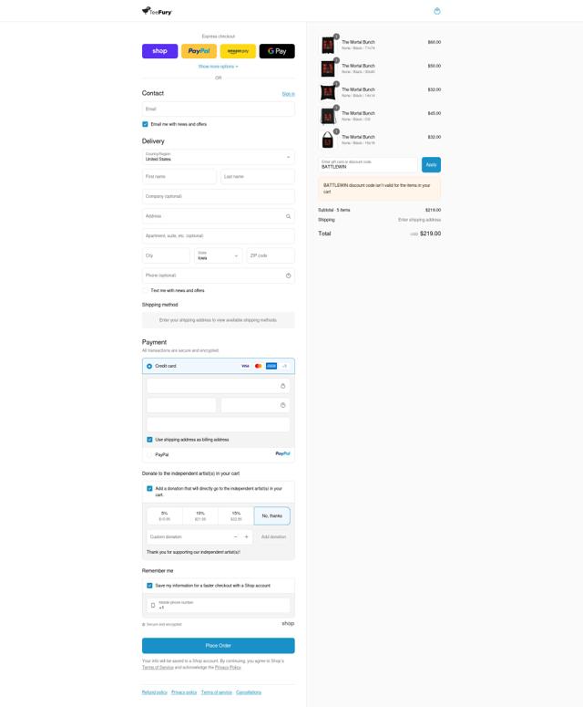 TeeFury checkout page showing TeeFury coupon code box | Screenshot taken by SimplyCodes community member on Sep 12, 2025
