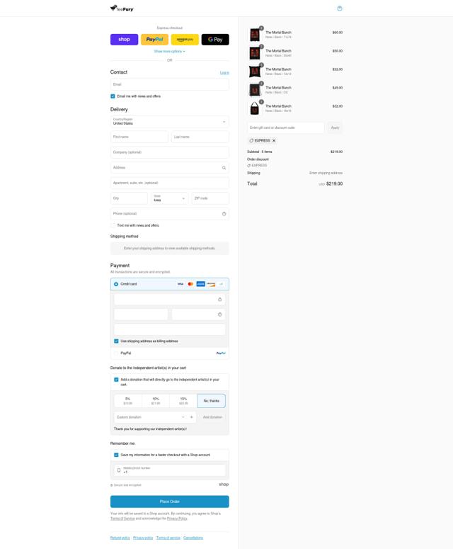 TeeFury checkout page showing TeeFury coupon code box | Screenshot taken by SimplyCodes community member on Sep 8, 2025