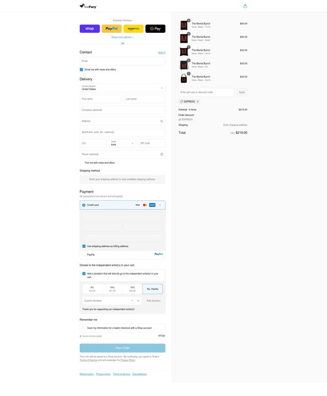TeeFury checkout page showing TeeFury coupon code box | Screenshot taken by SimplyCodes community member on Sep 12, 2025