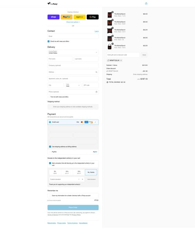 TeeFury checkout page showing TeeFury coupon code box | Screenshot taken by SimplyCodes community member on Sep 8, 2025