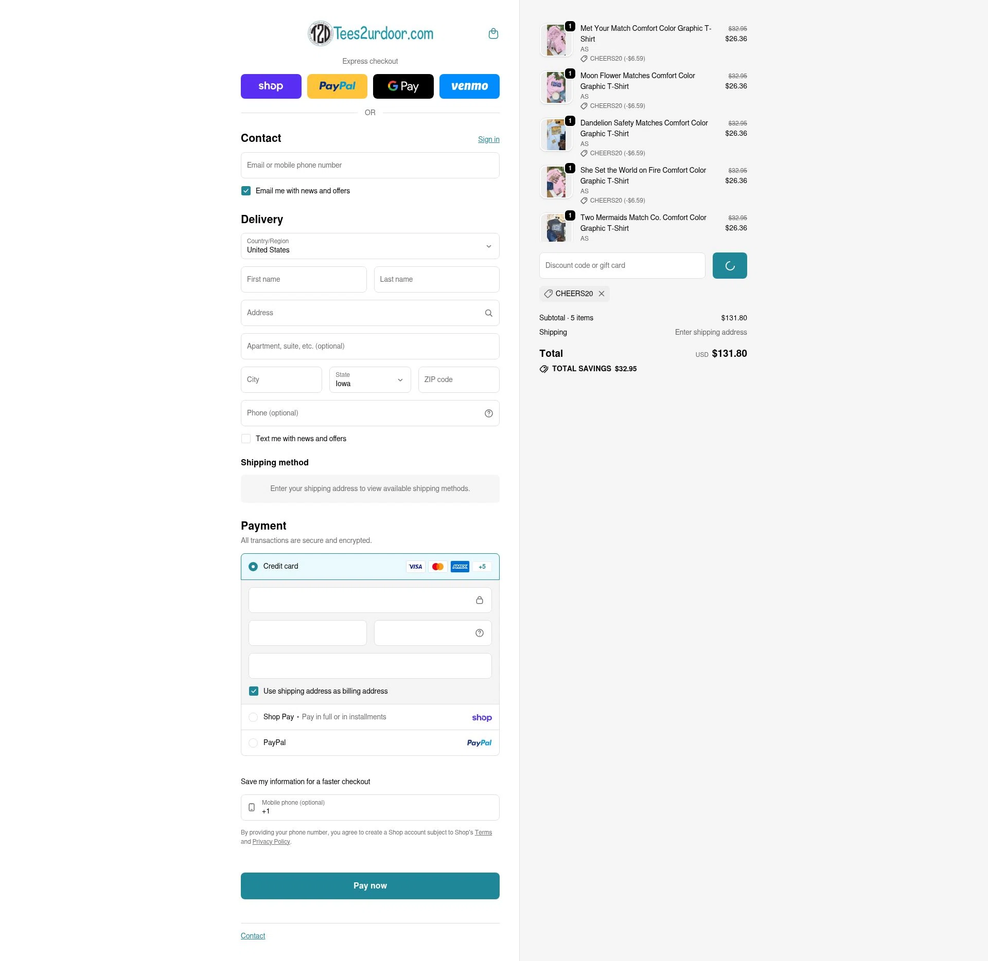 Tees2urdoor checkout page showing Tees2urdoor coupon code box | Screenshot taken by SimplyCodes community member on Feb 12, 2026