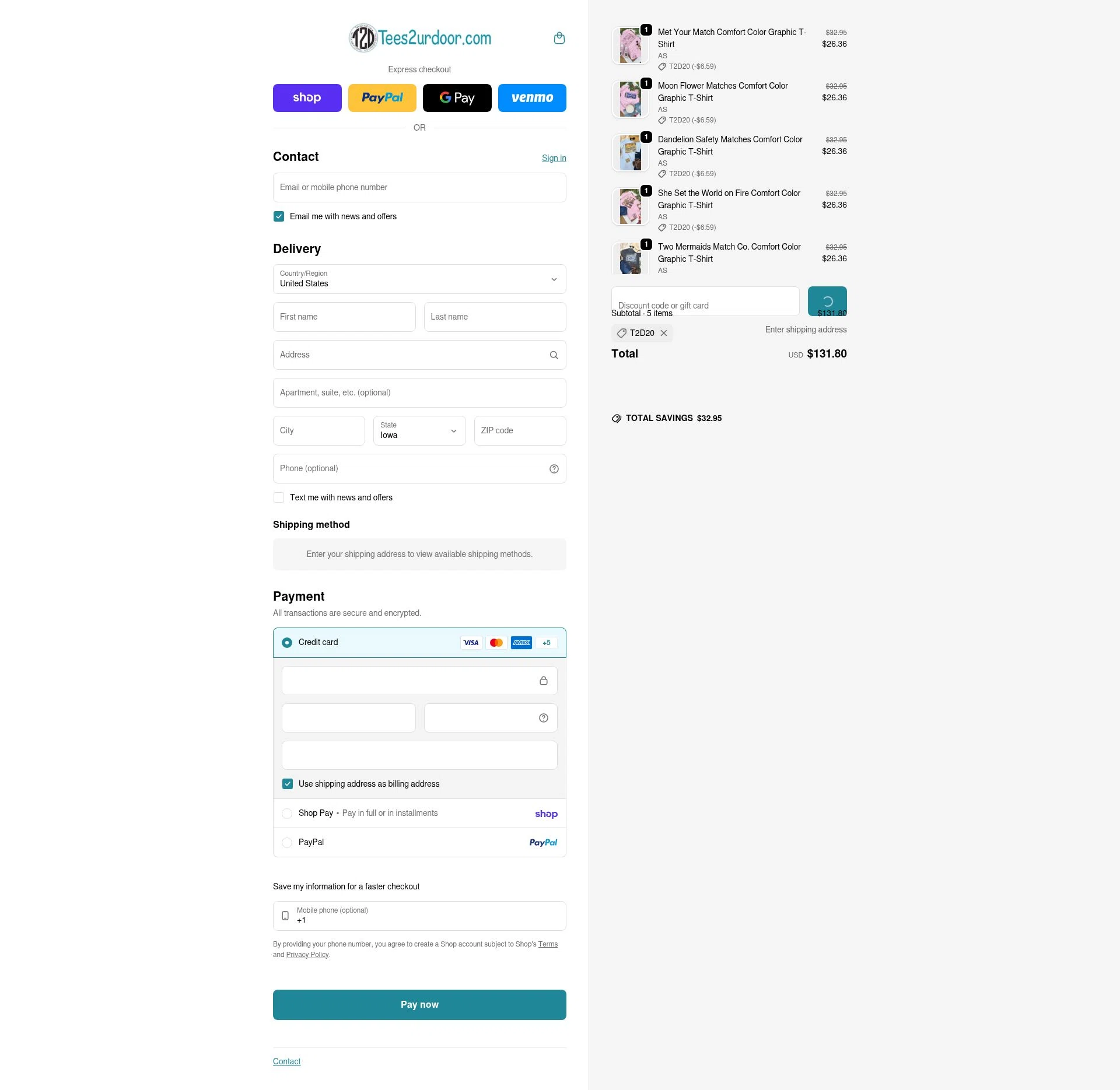 Tees2urdoor checkout page showing Tees2urdoor coupon code box | Screenshot taken by SimplyCodes community member on Feb 12, 2026