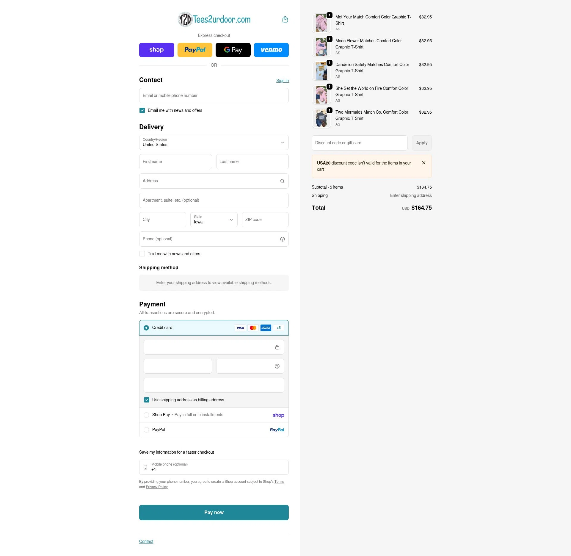 Tees2urdoor checkout page showing Tees2urdoor coupon code box | Screenshot taken by SimplyCodes community member on Feb 12, 2026