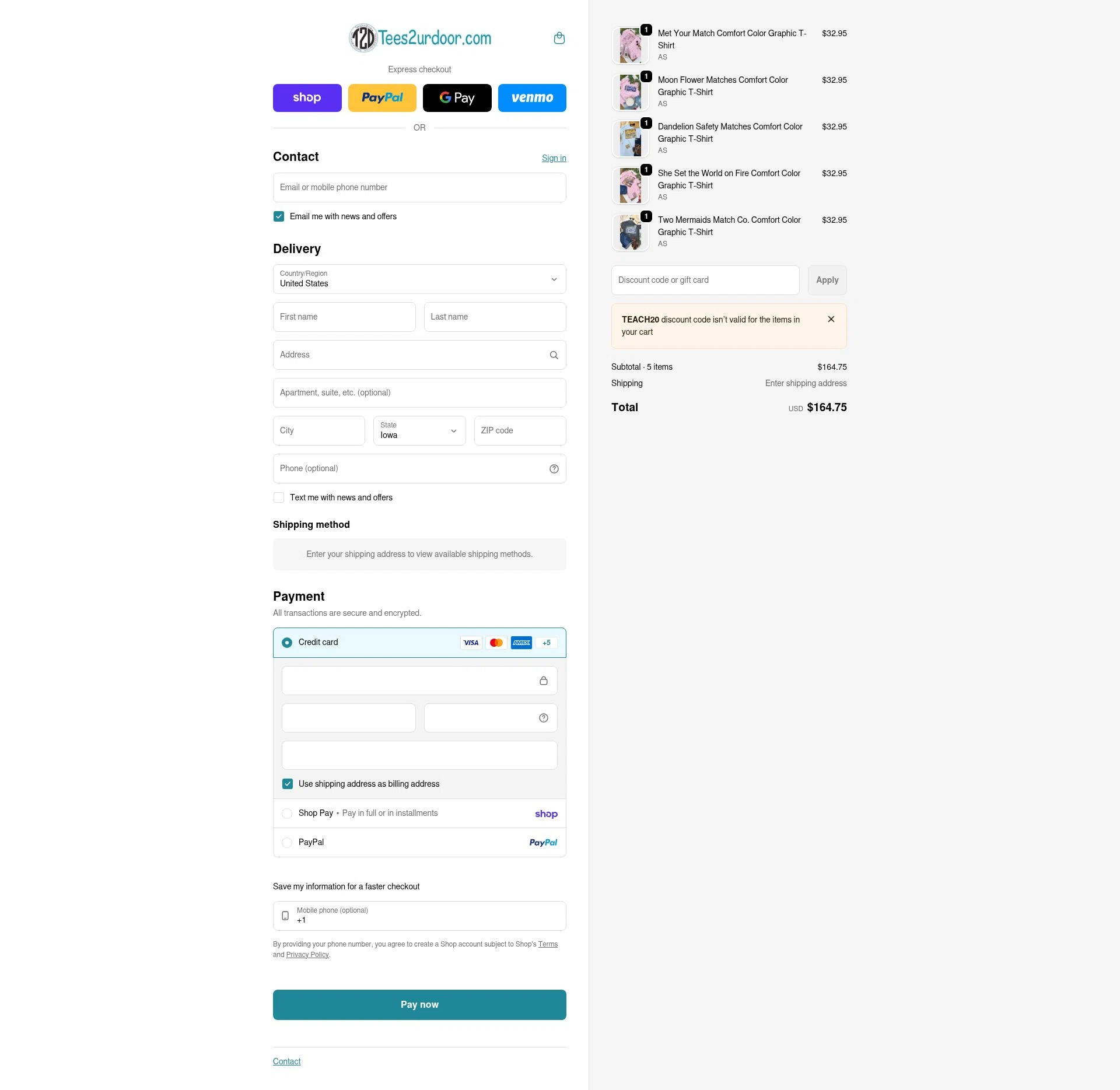 Tees2urdoor checkout page showing Tees2urdoor coupon code box | Screenshot taken by SimplyCodes community member on Feb 12, 2026
